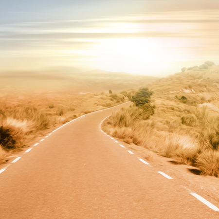 Country road with curve in rolling hills - picture in vintage style with soft oil paint filter