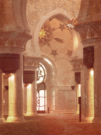 Sheikh Zayed Mosque in Abu Dhabi - interior view with oriental arches and pillars - retro designのeditorial素材