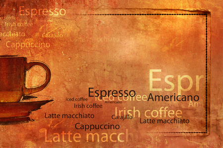 Coffee cup background grunge with words and paper frameの写真素材