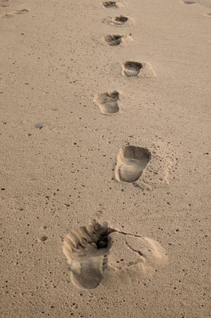 Several footprints in damp sand on beachの写真素材