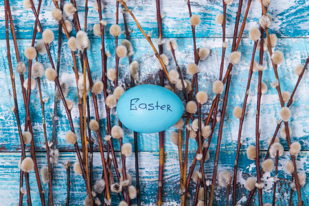 Happy Easter background, eggs, pussy willow bunchの写真素材