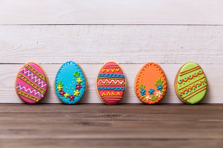 Delicious Easter cookies on wooden background. Easter concept.