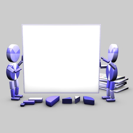 Two characters carry a white board used to display slidesの写真素材