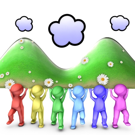 The picture illustrates a team working hand in hand looking at the same direction and resolving problems with a good communicationの写真素材