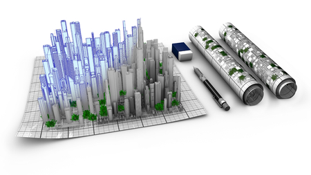 Concept of the architectural work about city creation. Schematics, map, from conception to realization. The city emerges from the map.の写真素材