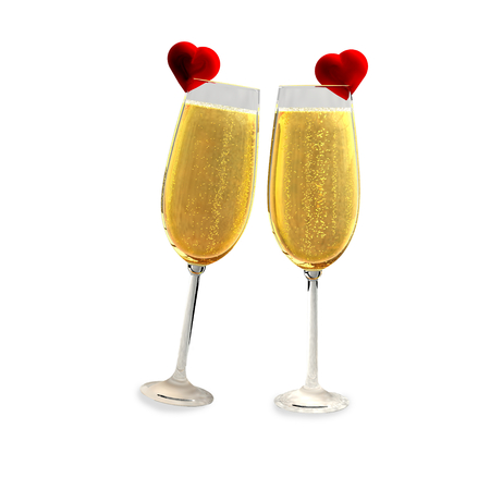 Two champagne glasses with two red hearts on a white background which symbolizes love.の写真素材
