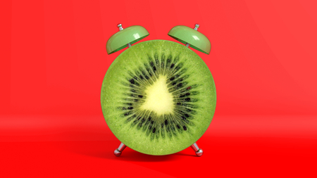 Wake up vintage morning shaped kiwi. Concept illustrating that it is time to take vitamins.