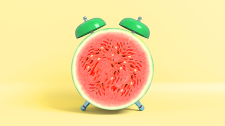 Wake up vintage morning shaped watermelon. Concept illustrating that it is time to take vitamins.の写真素材
