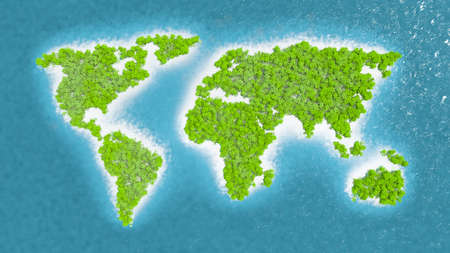 Map of the countries of the world in dense rainforest. Trees and green vegetation. Fine and white sand. Blue and sparkling sea water. 3d renderingの写真素材