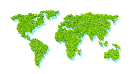 Map of the world in dense rainforest. Trees and green vegetation. White background. 3d renderingの写真素材