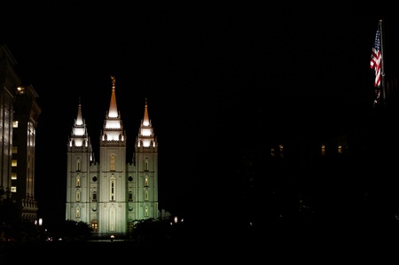 Night view of Salt Lake Temple  SLT is headquater of  The Church of Jesus Christ of Latter-day Saints, very popular church amongs Utah habitans  There is a statue of the Angel Moroni on the top of central capstone の写真素材