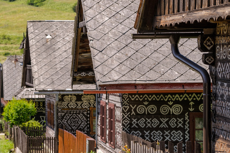 Small village of Cicmany, UNESCO World Heritage Site, Slovakia. Known for traditional decorativelog houses.の写真素材