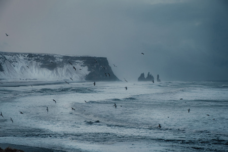 Dramatic winter landscape of Icelandic Black Sand Beach Reynisfjara near town Vik.の写真素材