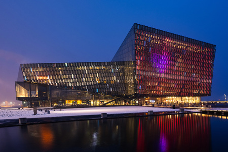 Twilight scene of Harpa Concert Hall in Reykjavik harbor, Iceland.の写真素材