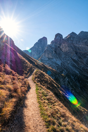Mountain trails path in the Dolomites of South Tyrol. Alpine Valley in autumn. Val Contrin - Trentino Alto Adige (italy).の写真素材