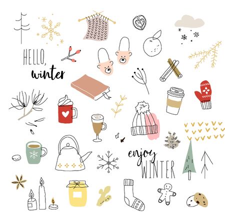 Winter doodles set. Seasonal vector flat illustration.のイラスト素材