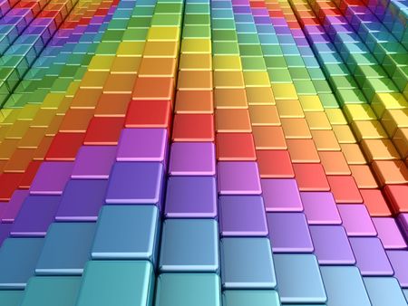 Colorful rainbow boxes. 3d render of rainbow shapes