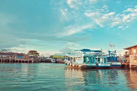 Boats in lagoon. Panoramic sunset shotの写真素材