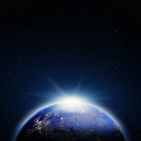 Planet Earth map. Stars my own photo. 3d renderingの写真素材