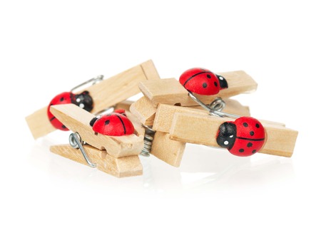 Wooden clothespins with ladybirds over white の写真素材