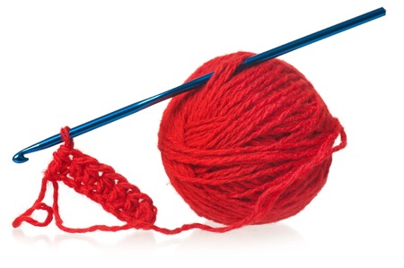 Model of knitting on spokes over white background close-upの写真素材
