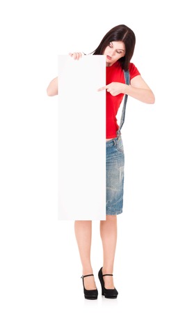 Beautiful young woman with blank billboard on white backgroundの写真素材