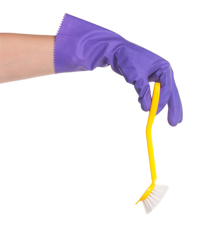 One hand in rubber glove isolated on white backgroundの写真素材