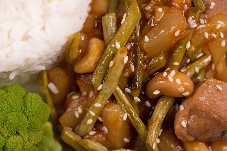 Tasty beef Stroganoff with rice and delicious broccoliの写真素材