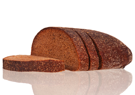 Half of a rye bread with slices to sandwich isolated on white backgroundの写真素材