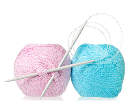Colorful acrylic threads with spokes for knitting isolated on white backgroundの写真素材