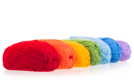 Bright acrylic yarn for knitting isolated on white backgroundの写真素材