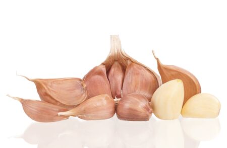 Raw garlic bulbs with cloves isolated on white background cutoutの写真素材