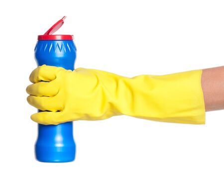 One hand in rubber glove with cleanser isolated on white backgroundの写真素材