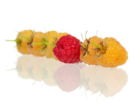 Ripe fresh raspberries with reflections isolated on white backgroundの写真素材