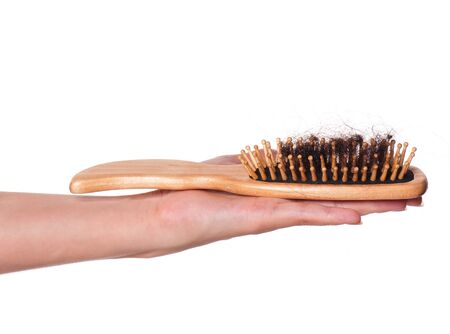 Wooden hairbrush with a bunch of hair isolated on white backgroundの写真素材