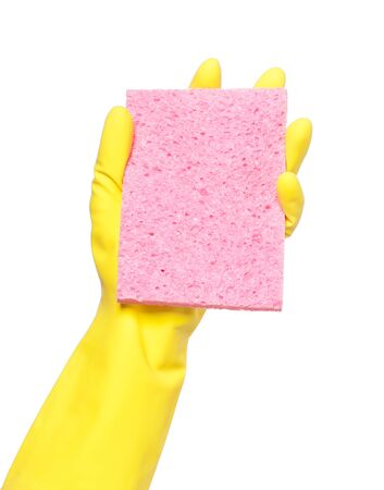 One hand in rubber glove with sponge isolated on white backgroundの写真素材