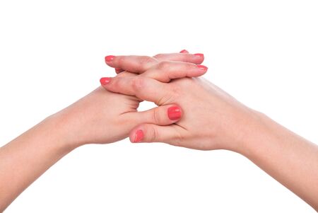 Young female hands isolated over white backgroundの写真素材