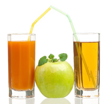 Fresh apple an carrot juice with tape measure isolated on white backgroundの写真素材