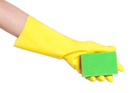 One hand in rubber glove with sponge isolated on white backgroundの写真素材