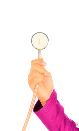 Closed up of Medical, hand holding stethoscope, isolated on white backgroundの写真素材