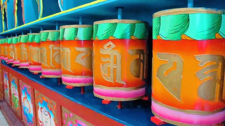 Prayer wheels at Boudhanath Stupa in Kathmandu, Nepalの写真素材
