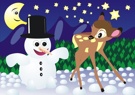 Snow man with fawn in the night outside with moon and starsのイラスト素材