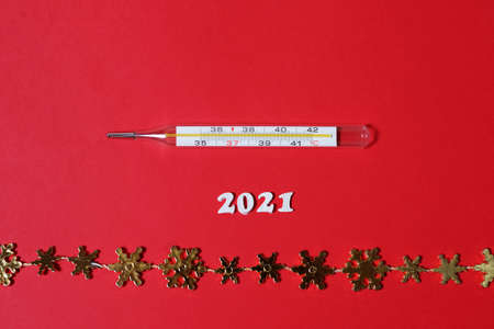 Christmas medical flat. new year 2021. red background. space for text