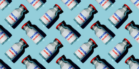 Pattern glass bottle with covid-19 vaccine with red lid. New Corona virus infection novel virus disease background. Pandemic panic conceptor epidemic. prevention of seasonal diseases by vaccination.の写真素材