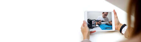 online banner of electronics repair courses. Soldering station with LED display, heating control regulator, with hot air gun and soldering iron. Isolated on a white background. online learning conceptの写真素材