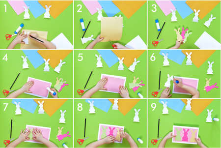 Easter greetings with three bunnies Children's Art Project, needlework, crafts for children.tutorial, step by step instruction. DIY, spring holiday concept. Childrens handmade Easter craft. Layout.の写真素材