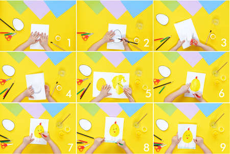 DIY and kids creativity. Step by step instruction: Create an Easter card with chicken. Childrens...
