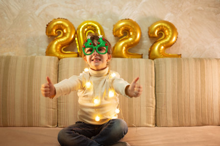 happy girl puts on New Year's glasses with a tree and rejoices at Christmas. merry christmas conceptの写真素材