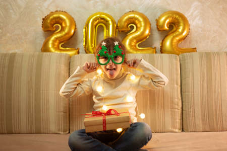 happy girl puts on New Year's glasses with a tree and rejoices at Christmas. merry christmas conceptの写真素材
