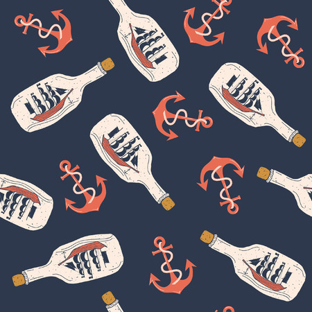 Hand drawn nautical seamless pattern. Vector illustration with ship and anchorのイラスト素材